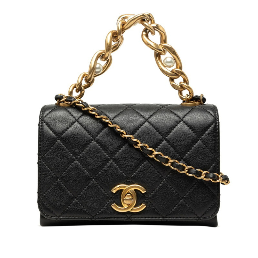 Chanel Coco Mark Matelassé Chain Shoulder Bag, Black Gold Calfskin, Faux Pear...